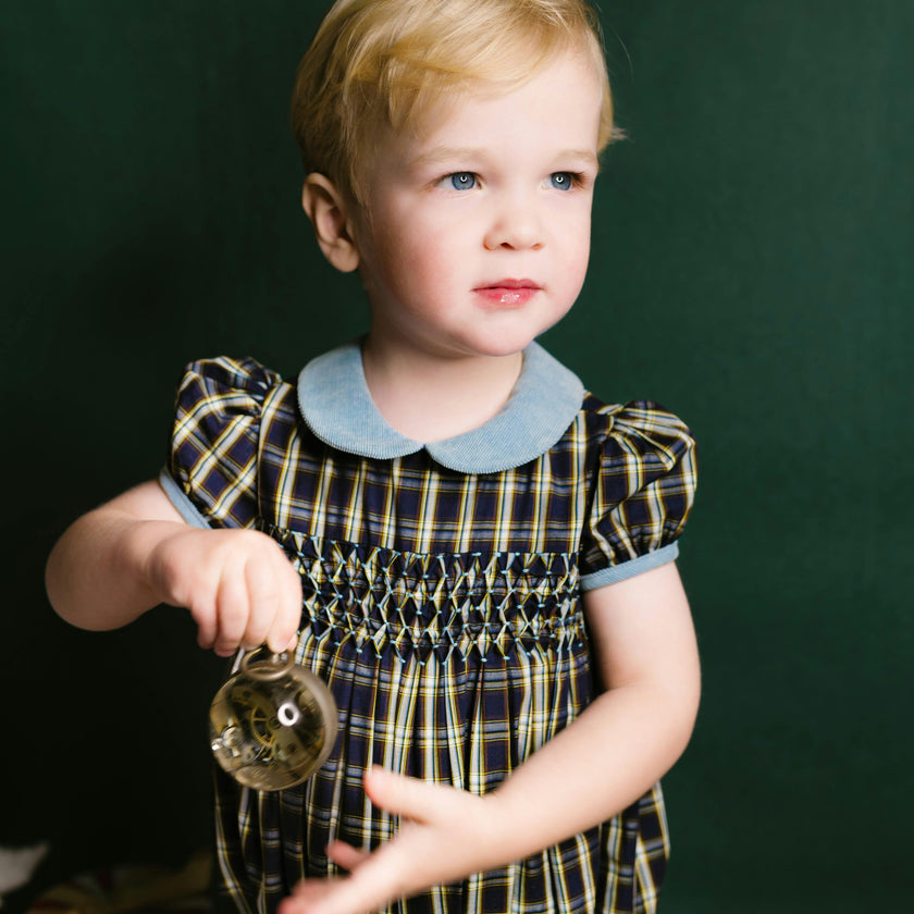 Angelica Navy Tartan Short Sleeve Smocked Bubble