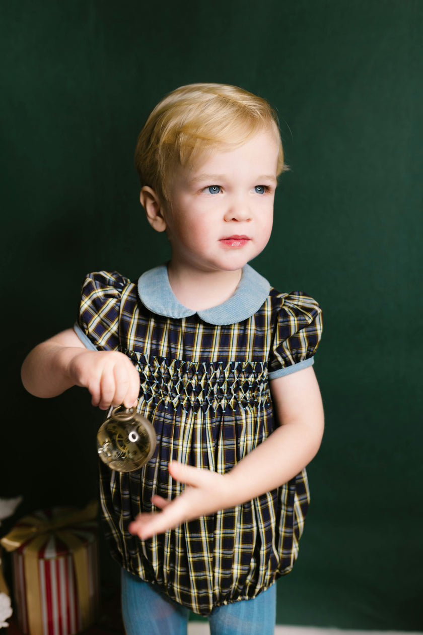 Angelica Navy Tartan Short Sleeve Smocked Bubble