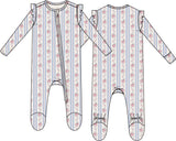 Anna Floral Stripe - 2 Way Ruffle Sleeve Zipper Footie
