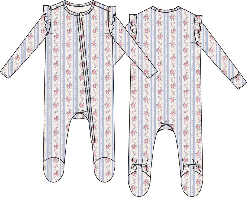 Anna Floral Stripe - 2 Way Ruffle Sleeve Zipper Footie