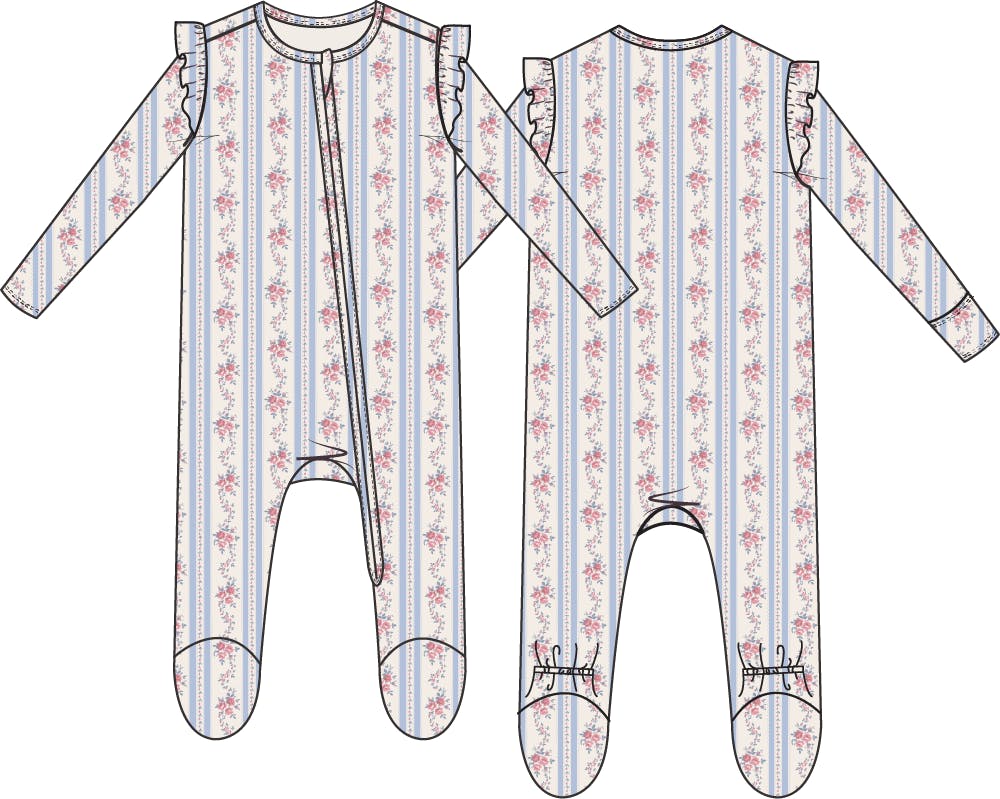 Anna Floral Stripe - 2 Way Ruffle Sleeve Zipper Footie