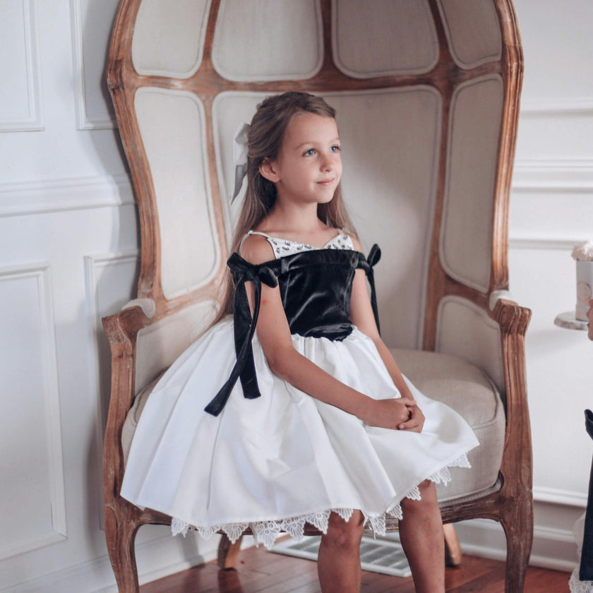 Audrey Black Velour Top and White Sateen Dress