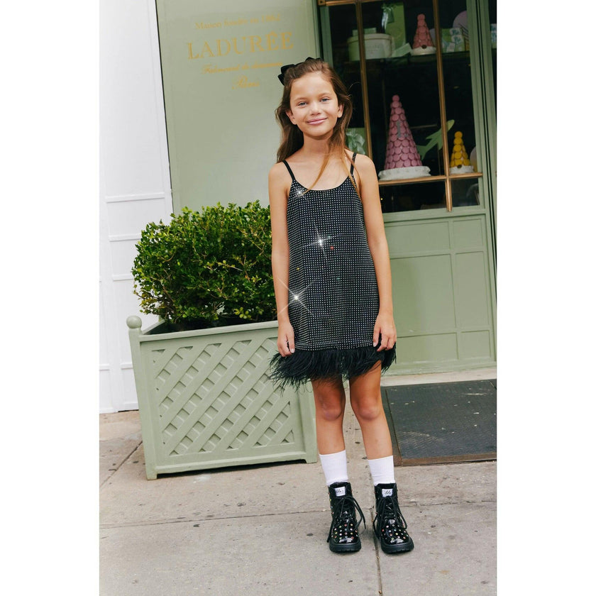 Midnight Crystal Feather Hem Sleeveless Dress