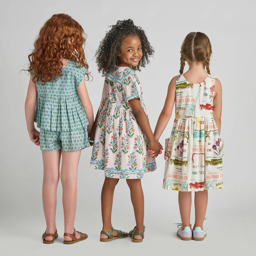 Girls Elowen Dress - Pink Dewdrop Block Print