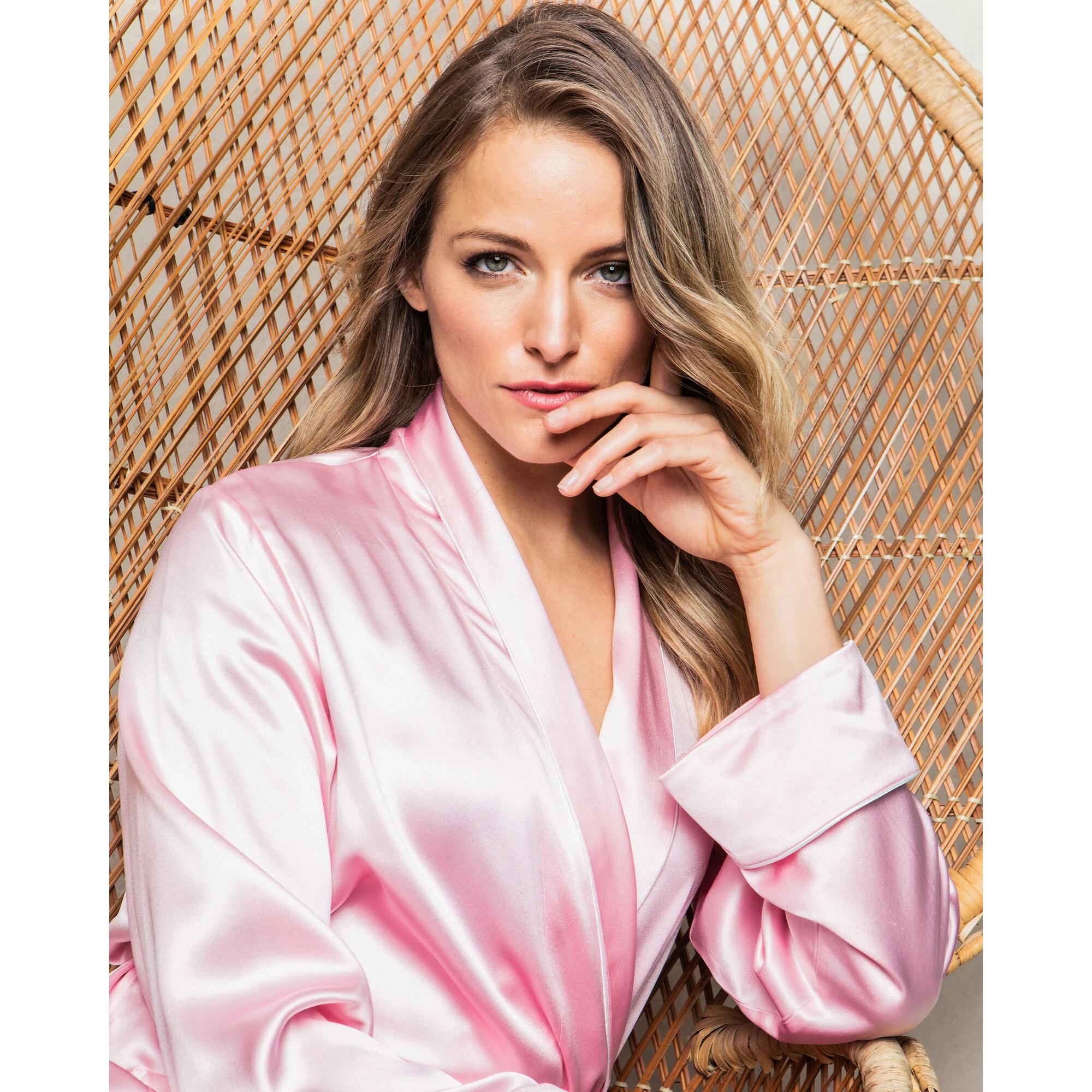 Women's Silk Long Robe in Navy