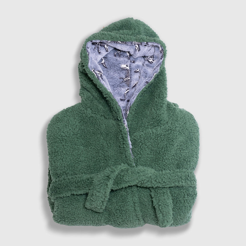 Cozy Switch Robe – Reversible Glow-in-the-Dark & Sherpa Robe for Kids, Green Dino Bones