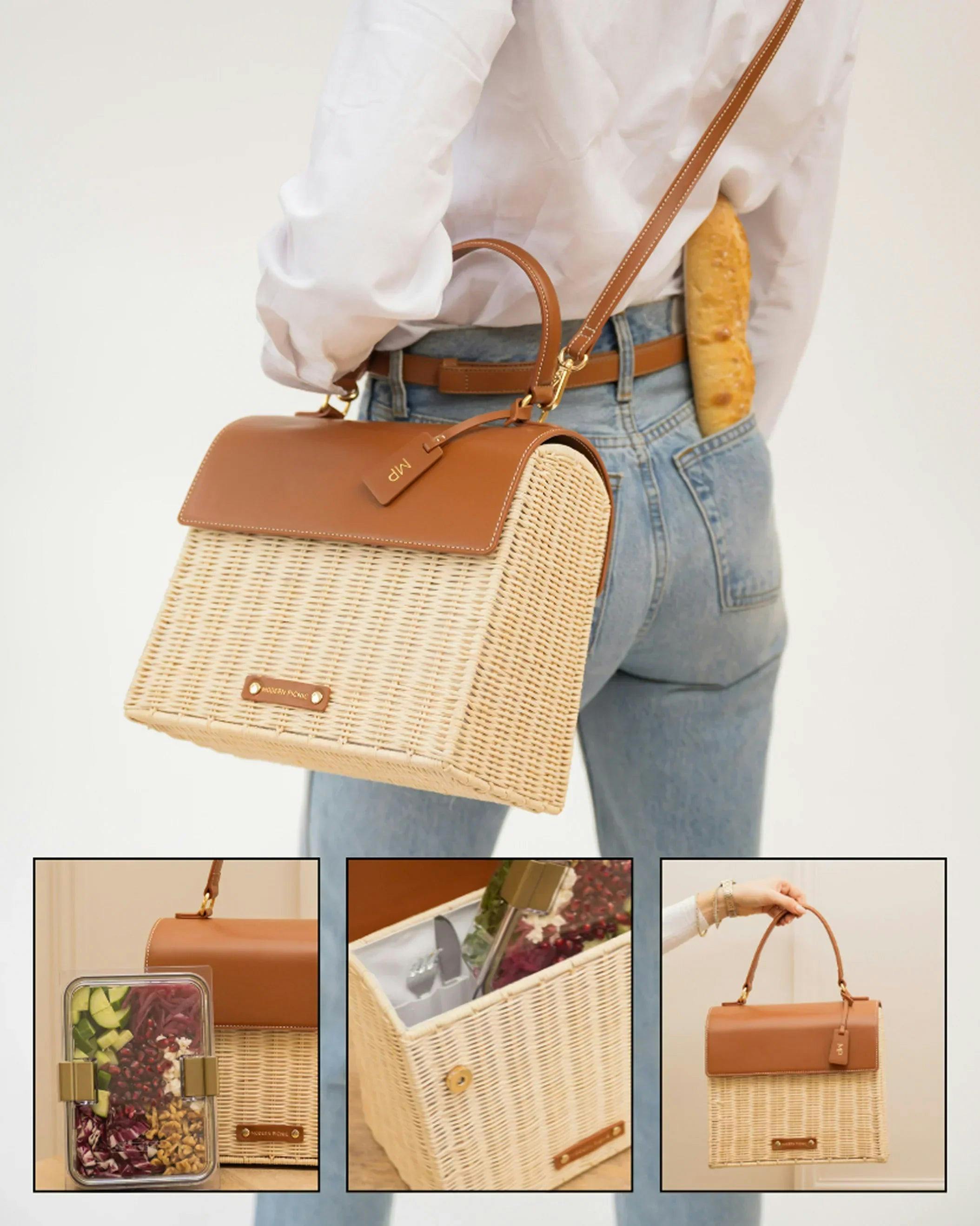 Medium Insulated Hand-Woven Wicker Lunchbox, Natural & Brown