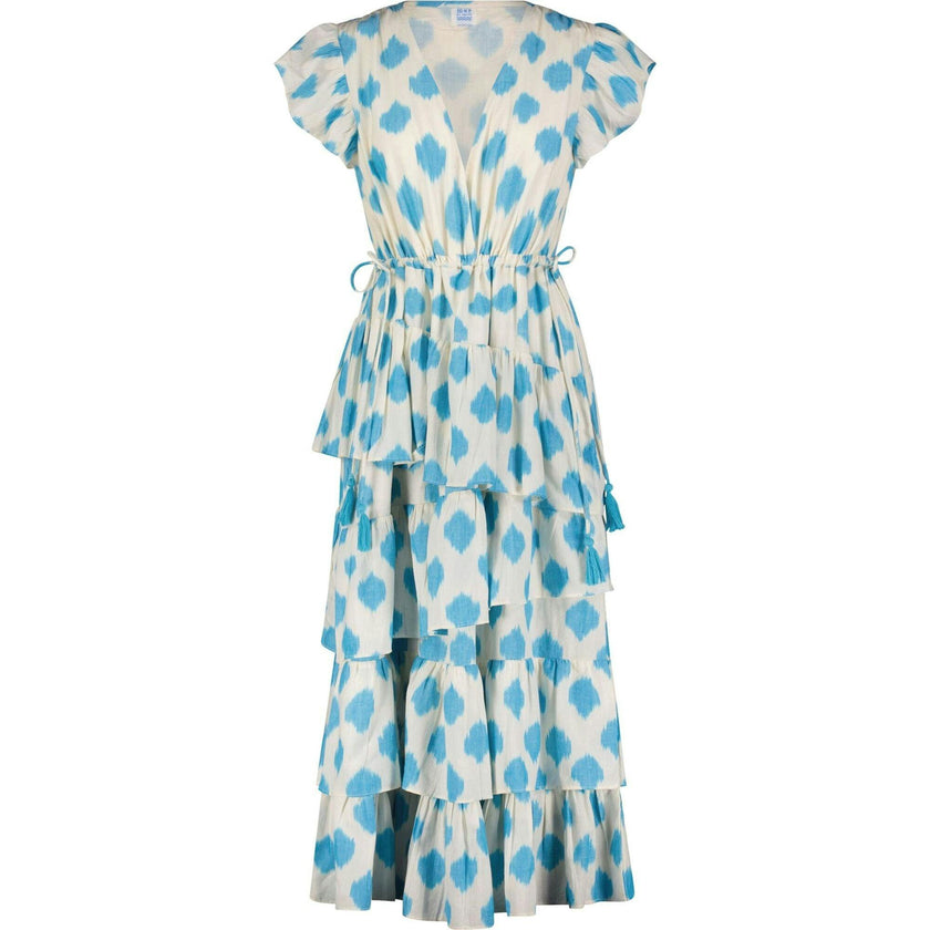Mica Women's Tiered Maxi Dress Cream Aqua Ikat, Blue