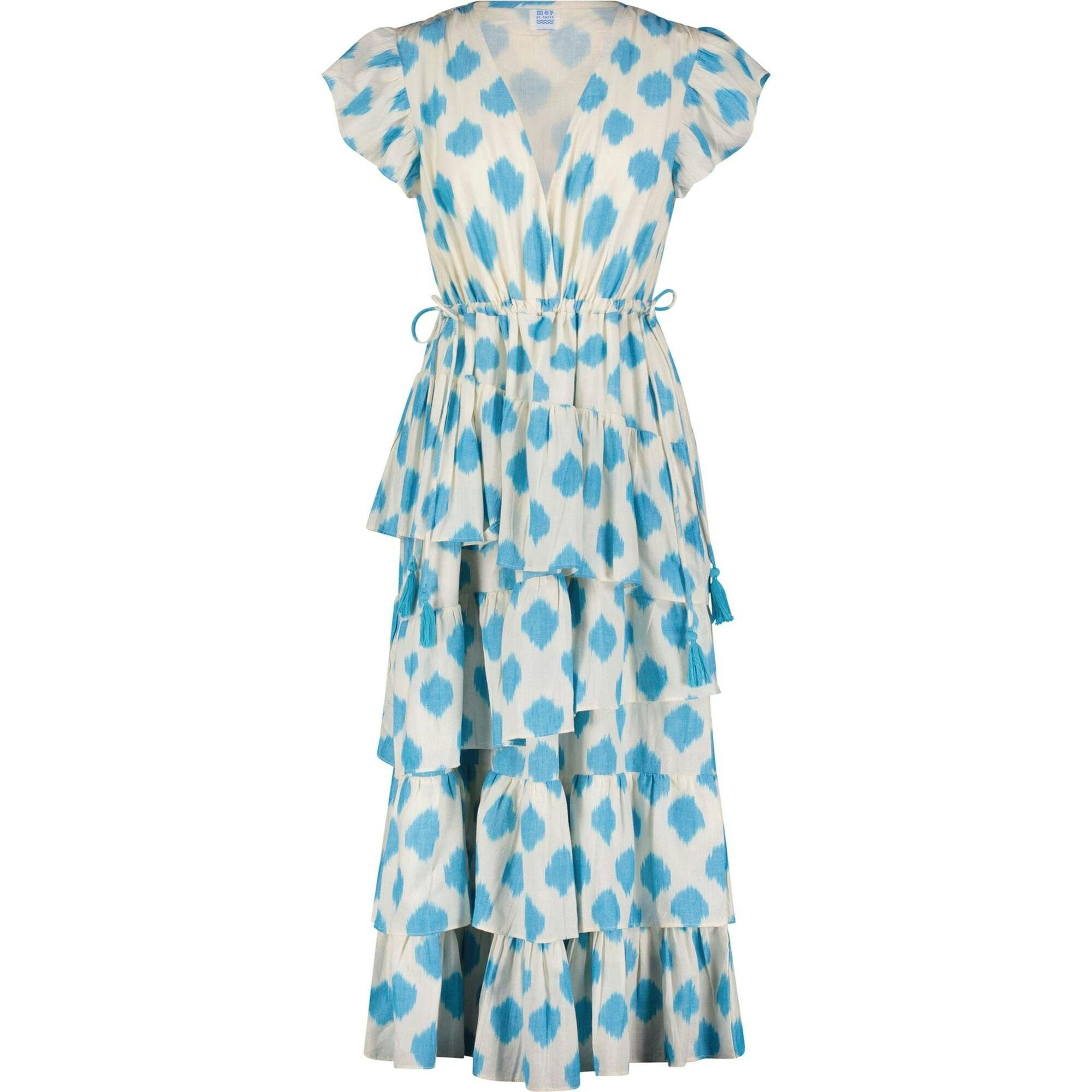 Mica Women's Tiered Maxi Dress Cream Aqua Ikat, Blue