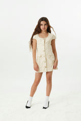 Zoe Cream Dress With Bow Buttons Vegan Leather Cap Sleeve