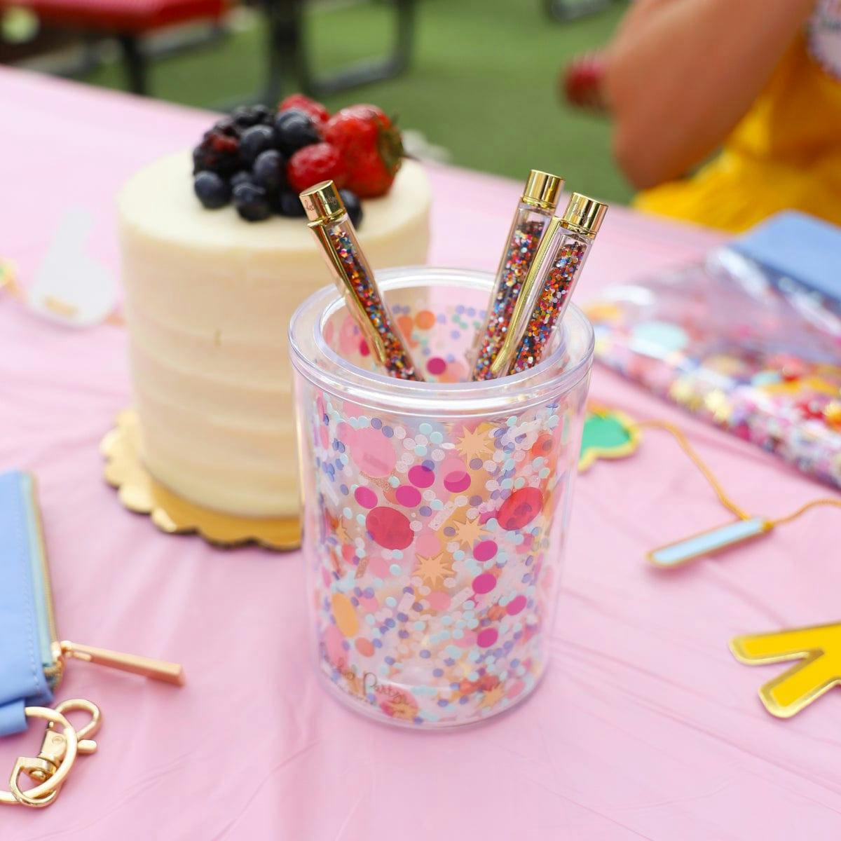 Celebrate Every Day Confetti Pen Cup Organizer - Double Wall Clear Acrylic Desk Organizer with Trapped Multicolor Confetti for Home and Office