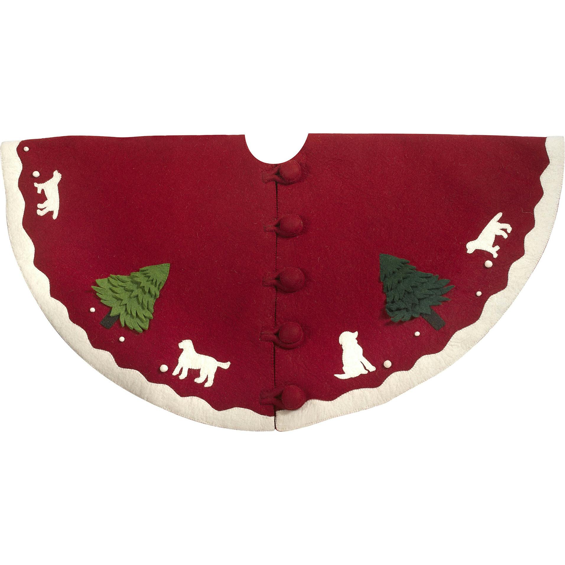 Handmade Christmas Tree Skirt in Hand Felted Wool - Dogs with Trees on Red- 60