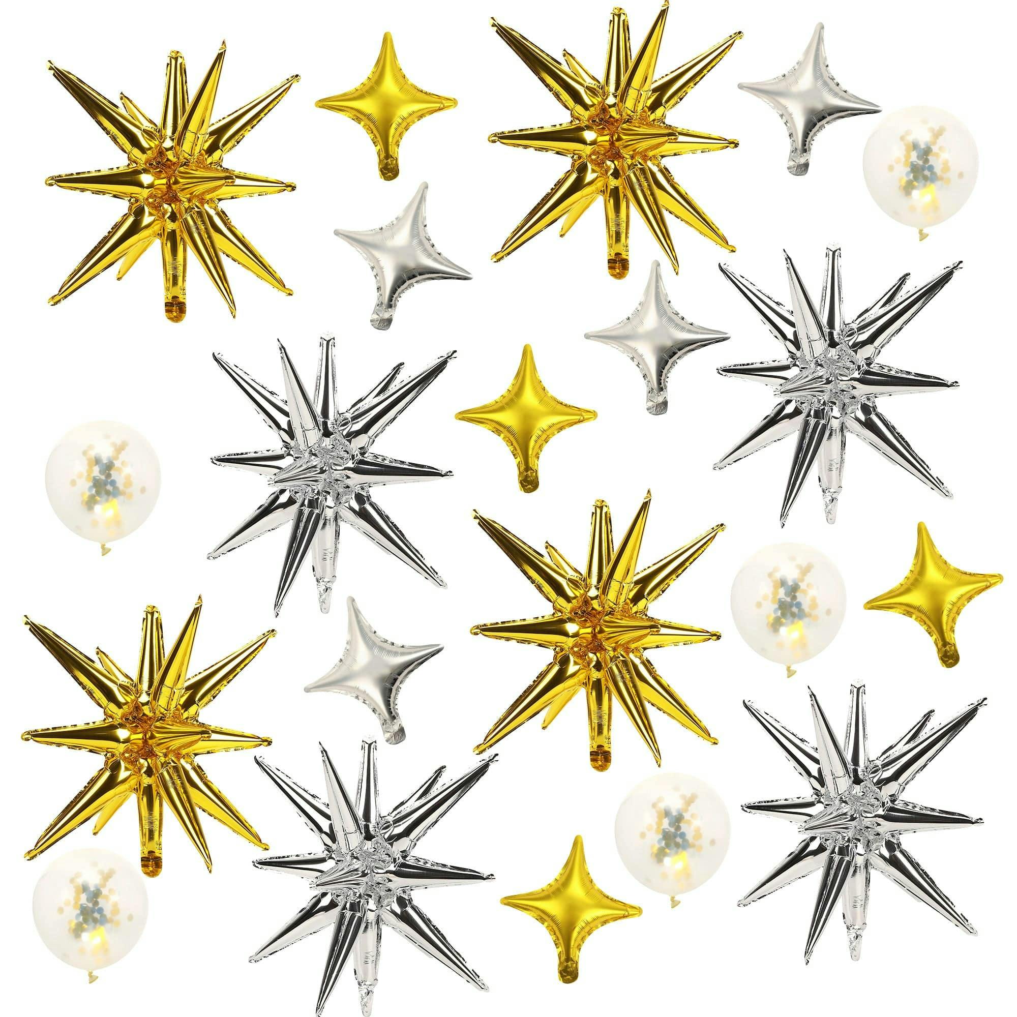 Packed Party Sparkle and Shine Gold Silver Confetti Mylar Balloon Set 21ct - Spark-Shaped and Confetti-Filled Balloons with Glue Dots and Strings Included