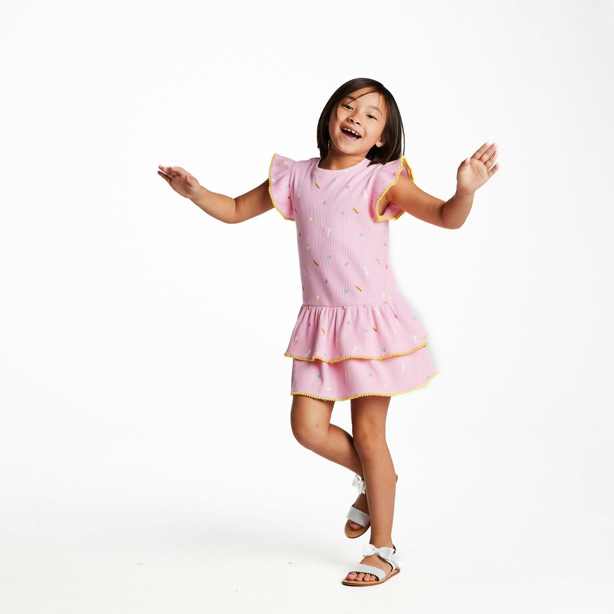 Girls Pink Rib Tiered Dress | Bunny Garden