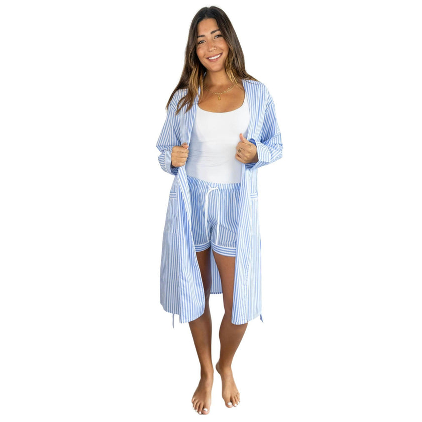 Women's Braddock Classic Robe - Blue Stripe Organic Cotton Poplin