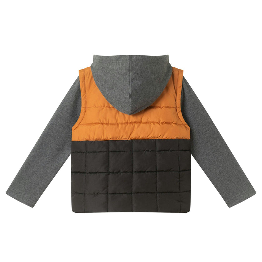 Hooded Puffer Vest Jacket | Black & Cognac