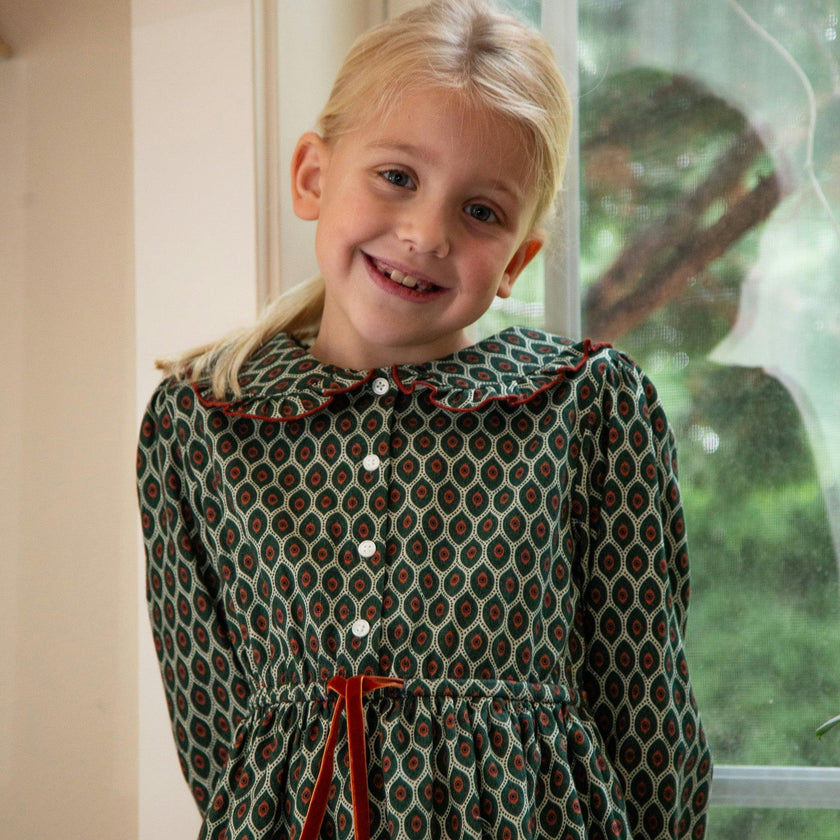 Girls Adelaide Velvet Tie Dress | Green Motif