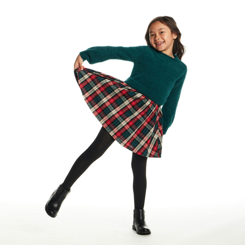 Kids Knit Twofer Dress | Green Plaid