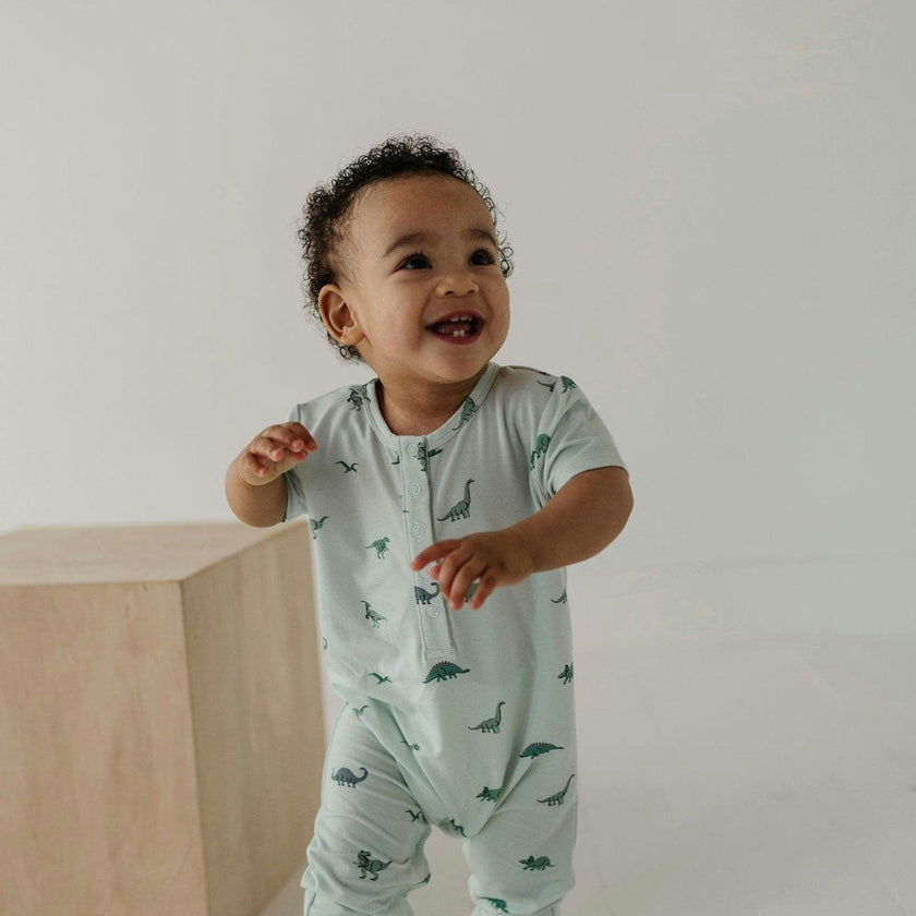 Baby Boy Short Sleeve Henley Romper in Dinosaur