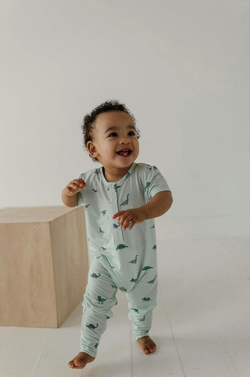 Baby Boy Short Sleeve Henley Romper in Dinosaur