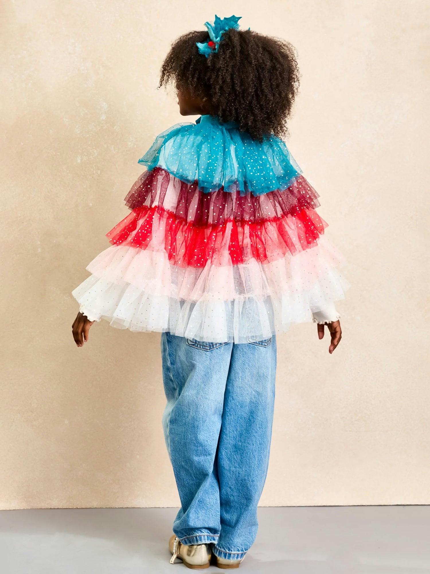 Holiday Holly Sparkly Tulle Cape for Girls