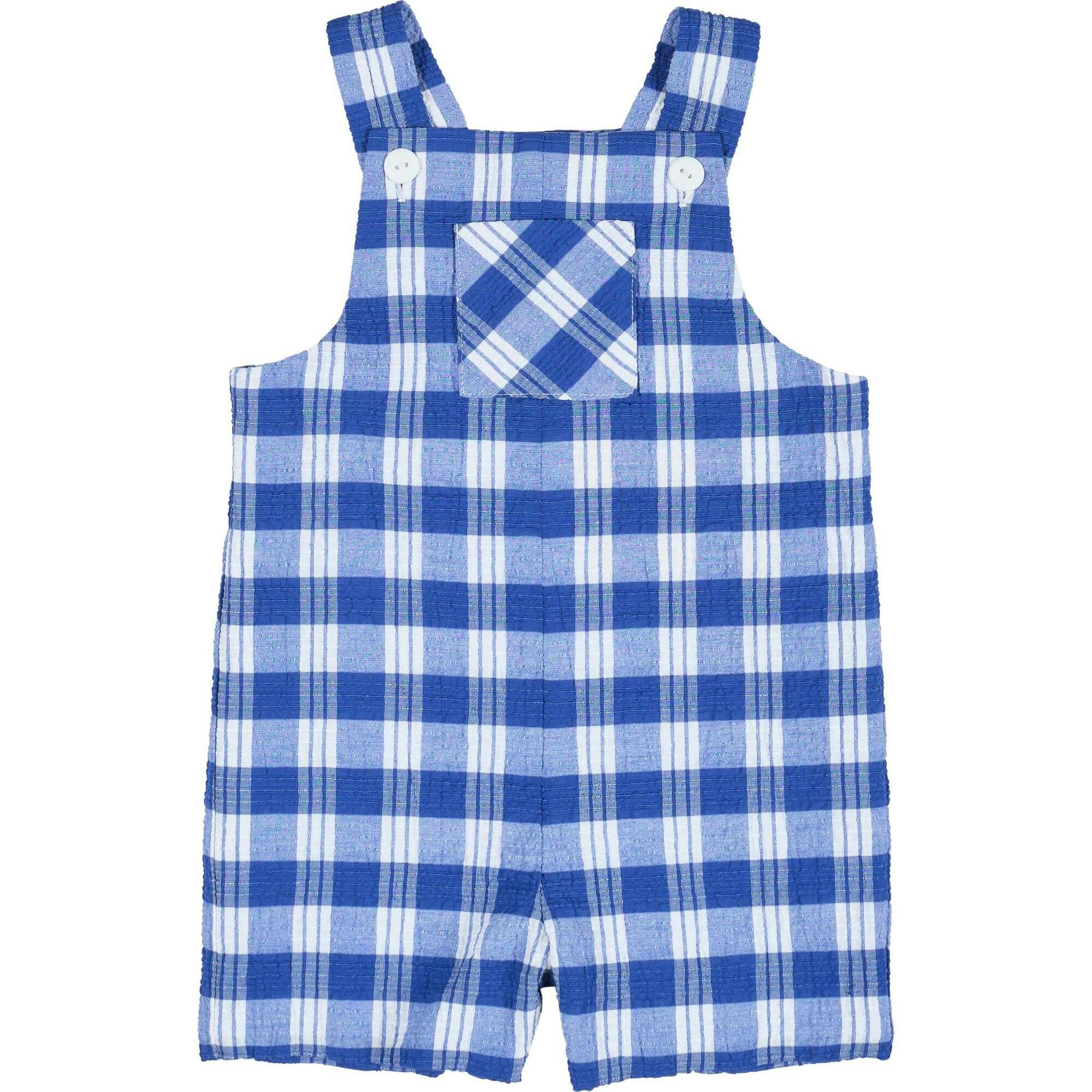 Plaid Seersucker Shortall With Front Pocket