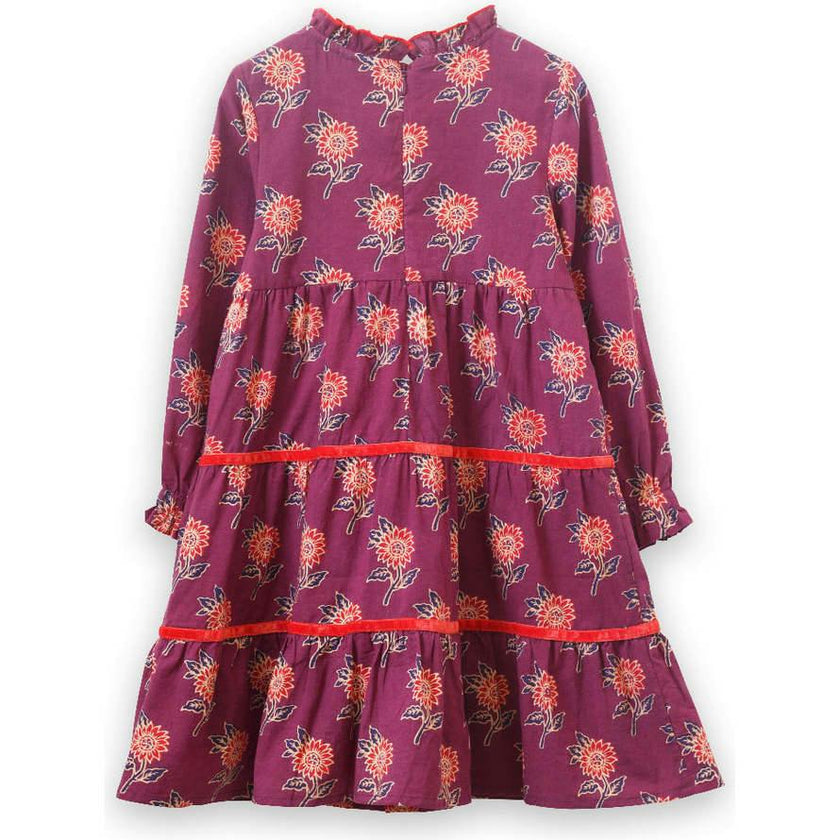 Long Sleeves Tiered Skirt Dress with Velvet Trim