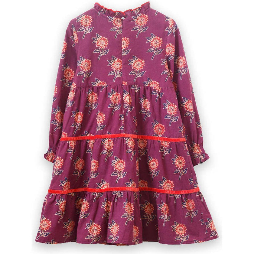 Long Sleeves Tiered Skirt Dress with Velvet Trim