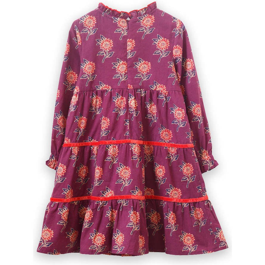 Long Sleeves Tiered Skirt Dress with Velvet Trim