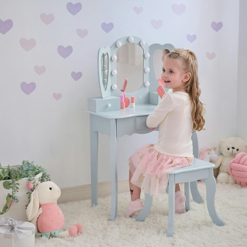 Teamson Kids Heart Glow Wooden Vanity Set with LED Lights Mirror & Stool