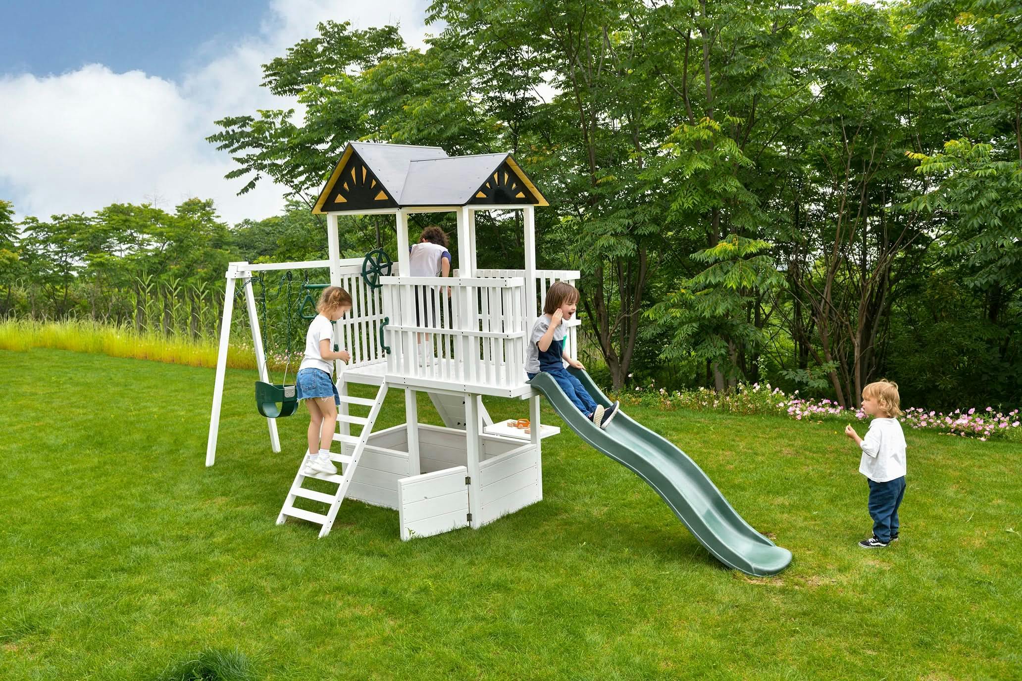 Craftsman | Modern Wooden Swing Set with Slide, Climber & Sandbox