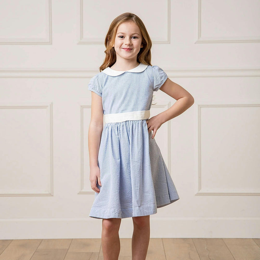 Organic Short Sleeve Seersucker Dress with Peter Pan Collar, Blue
