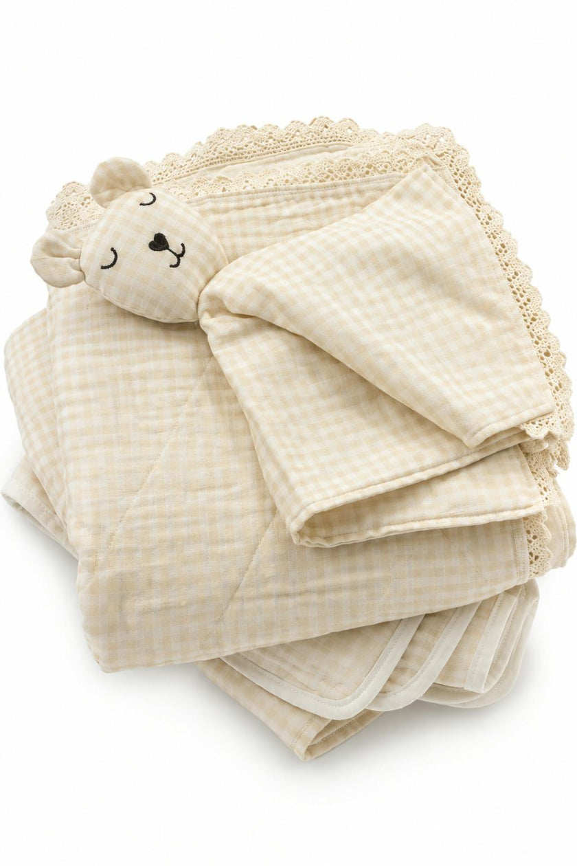 Cream Solids + Gingham QUILTED 6 Layer Gauze Blanket