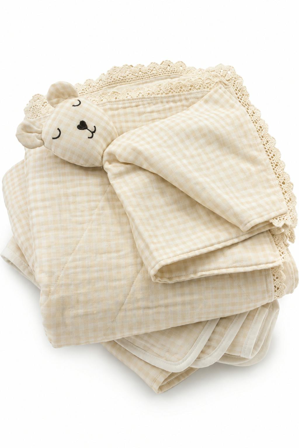 Cream Solids + Gingham QUILTED 6 Layer Gauze Blanket