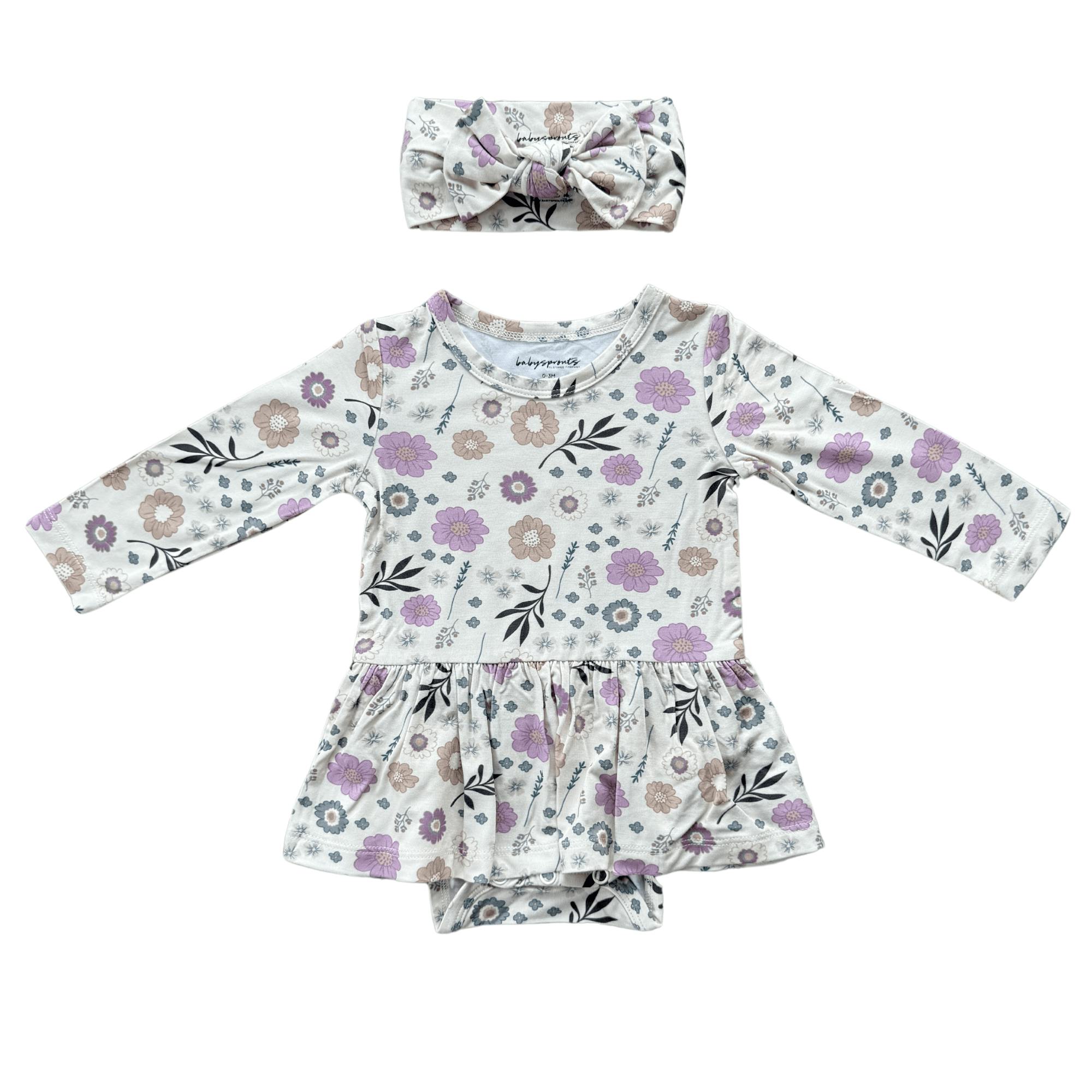 Baby Girl Long Sleeve Bodysuit Dress Set in Winter Floral