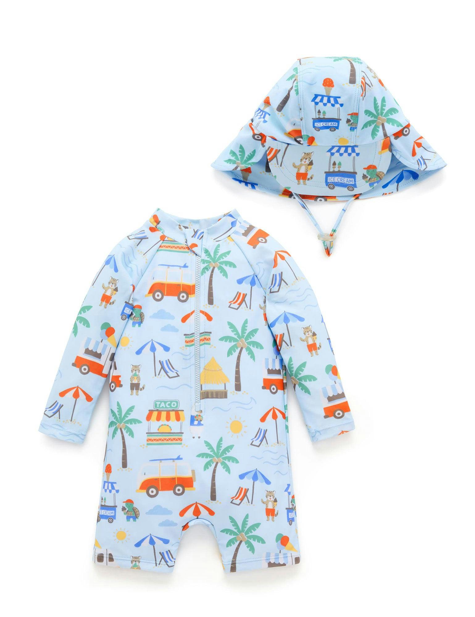 Printed L/S Sunsuit and Hat Cancun Print