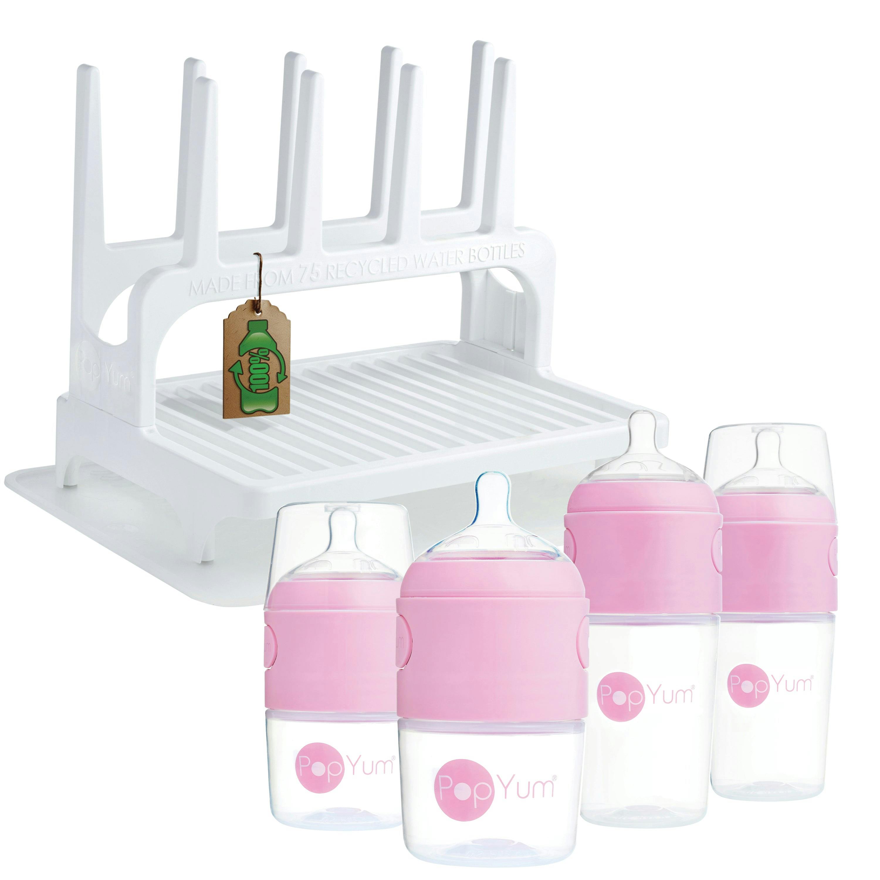 PopYum Pink Baby Bottle Set 4-Pack with White Drying Rack & Clear Dryi ...