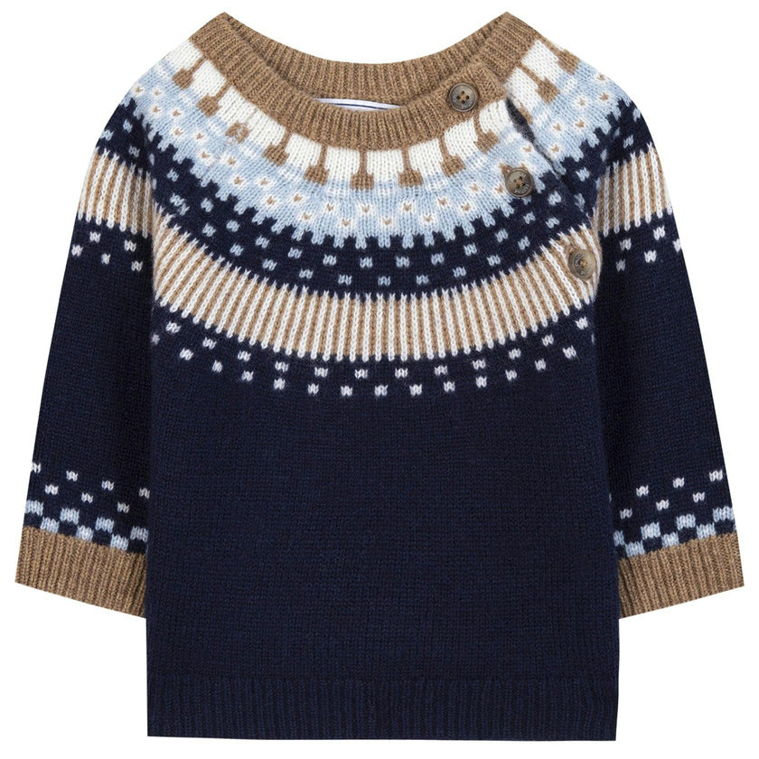 TARTINE ET CHOCOLAT WOOL ROUND NECK SWEATSHIRT - MARINE, BROWN AND LIGHT BLUE