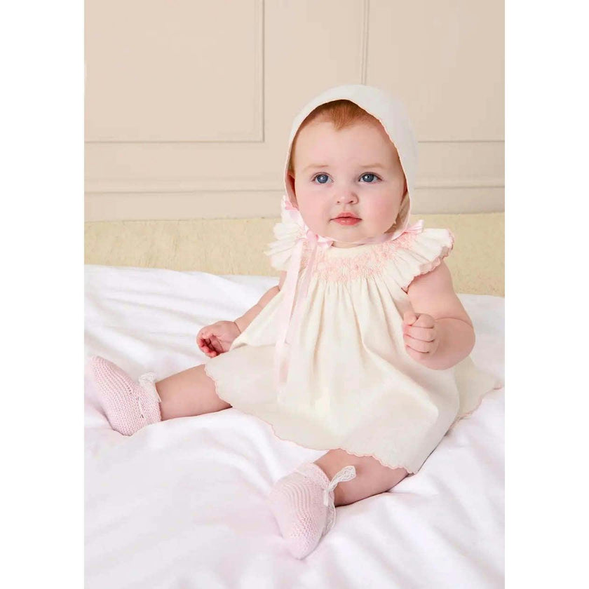 Linen Blend Hand Smocked Cap Sleeve Dress With Bloomers in White (1-6mths)