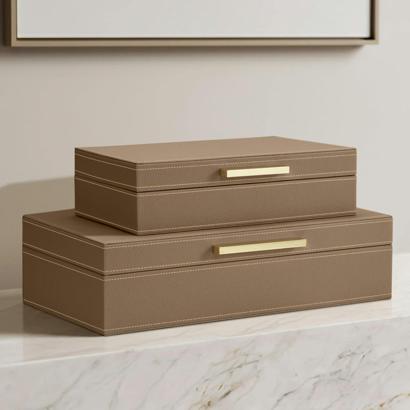 Decorative Storage Boxes with Lids - Set of 2 PU Leather Organizer Bins for Bookshelf Decor - Store Photos, Documents and Memory Box Keepsakes in Style
