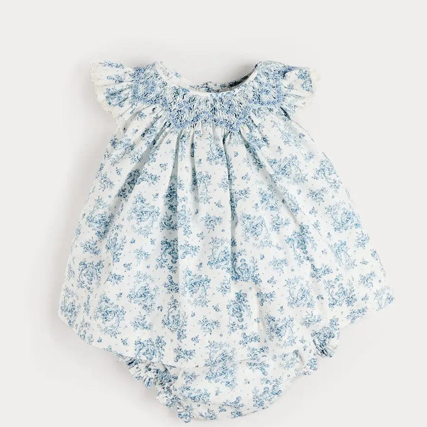 Audrey Toile Capped Sleeve Hand Smocked Dress with Bloomers in Blue (3-12mths)