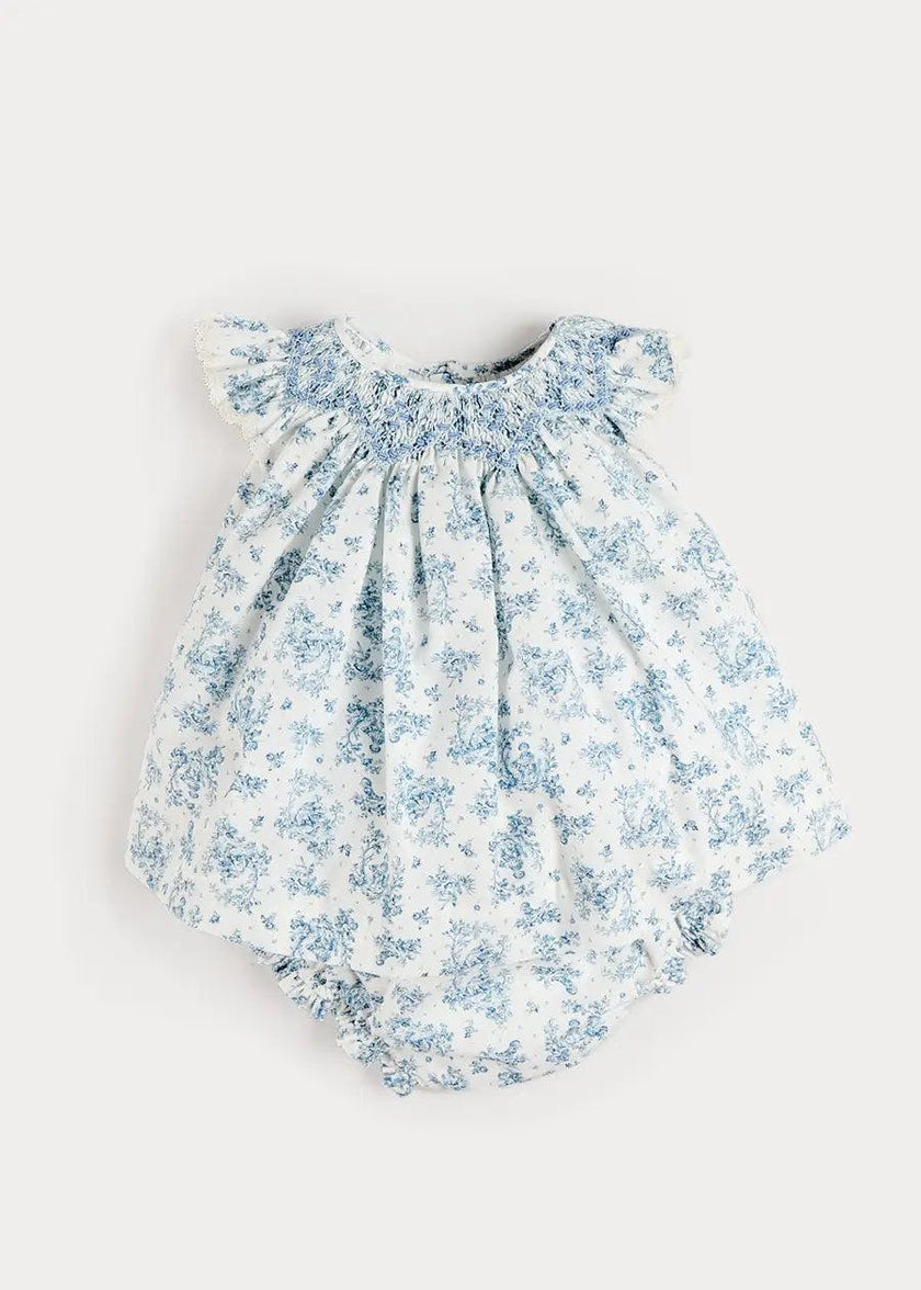 Audrey Toile Capped Sleeve Hand Smocked Dress with Bloomers in Blue (3-12mths)
