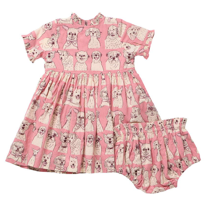 Baby Girls Autumn Dress Set - Pink Sketched Dogs