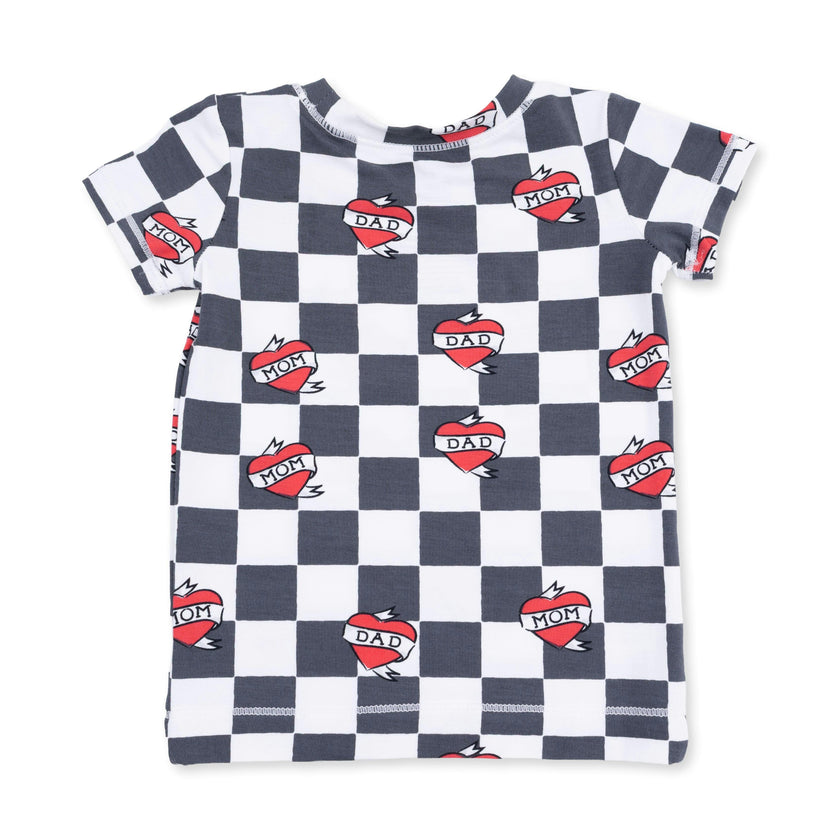 Heart Tattoo Check Black - Short Sleeve Loungewear Set