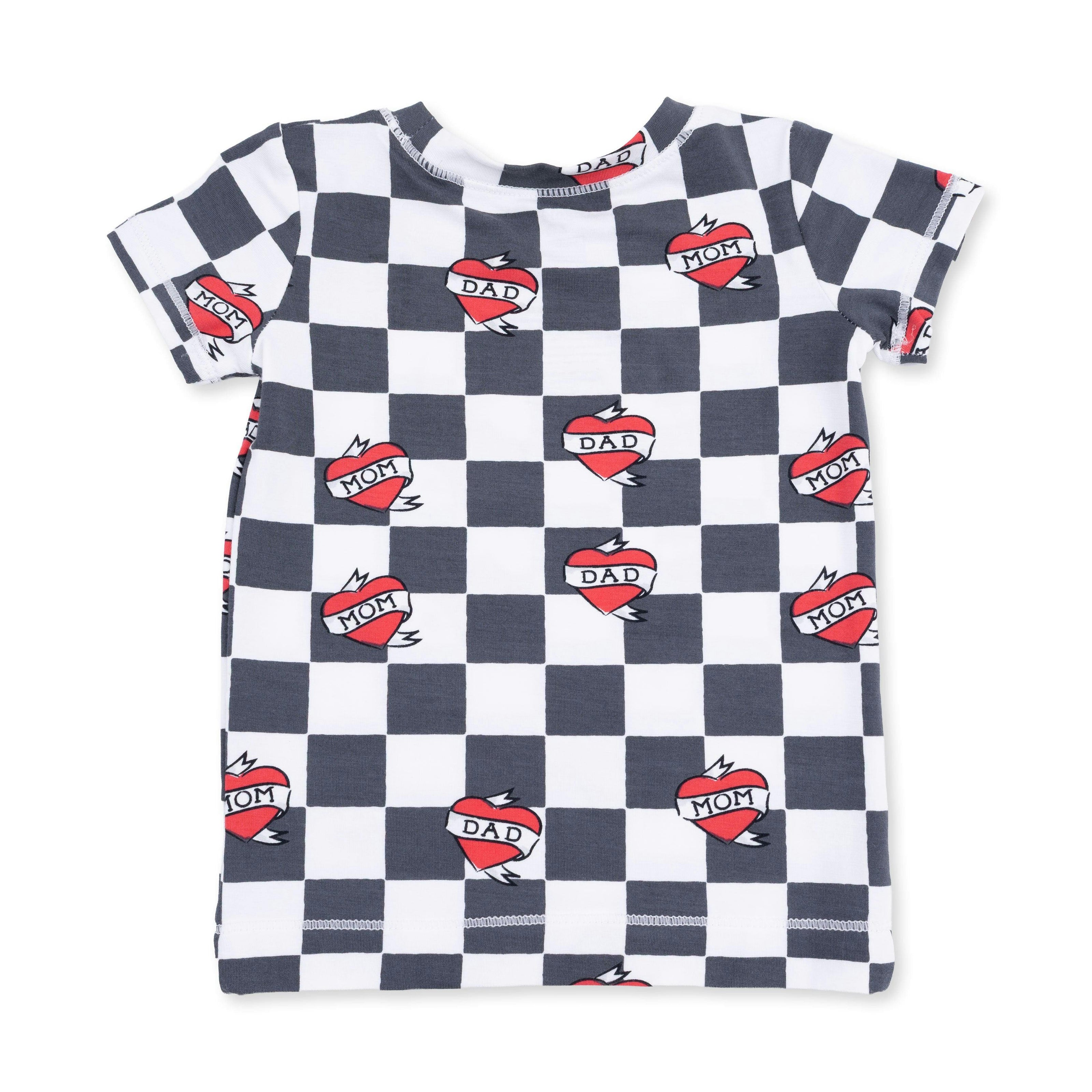 Heart Tattoo Check Black - Short Sleeve Loungewear Set