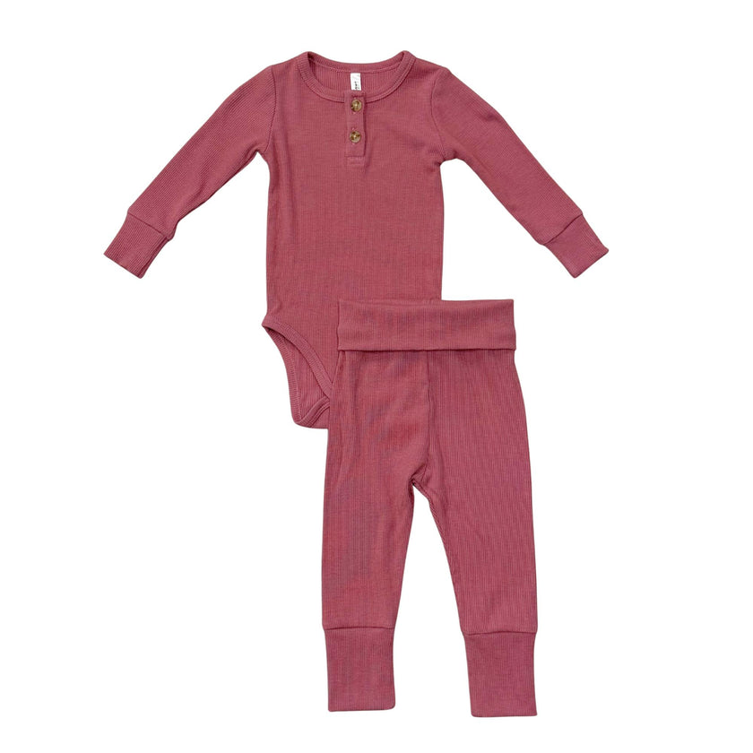 Girls Ribbed Henley Bodysuit Set in Mesa Rose
