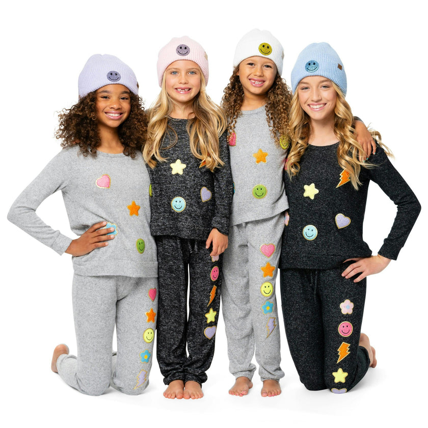 Little Girl's (4-6x) Solid Color Beanie with Rhinestone Happy Face Patch