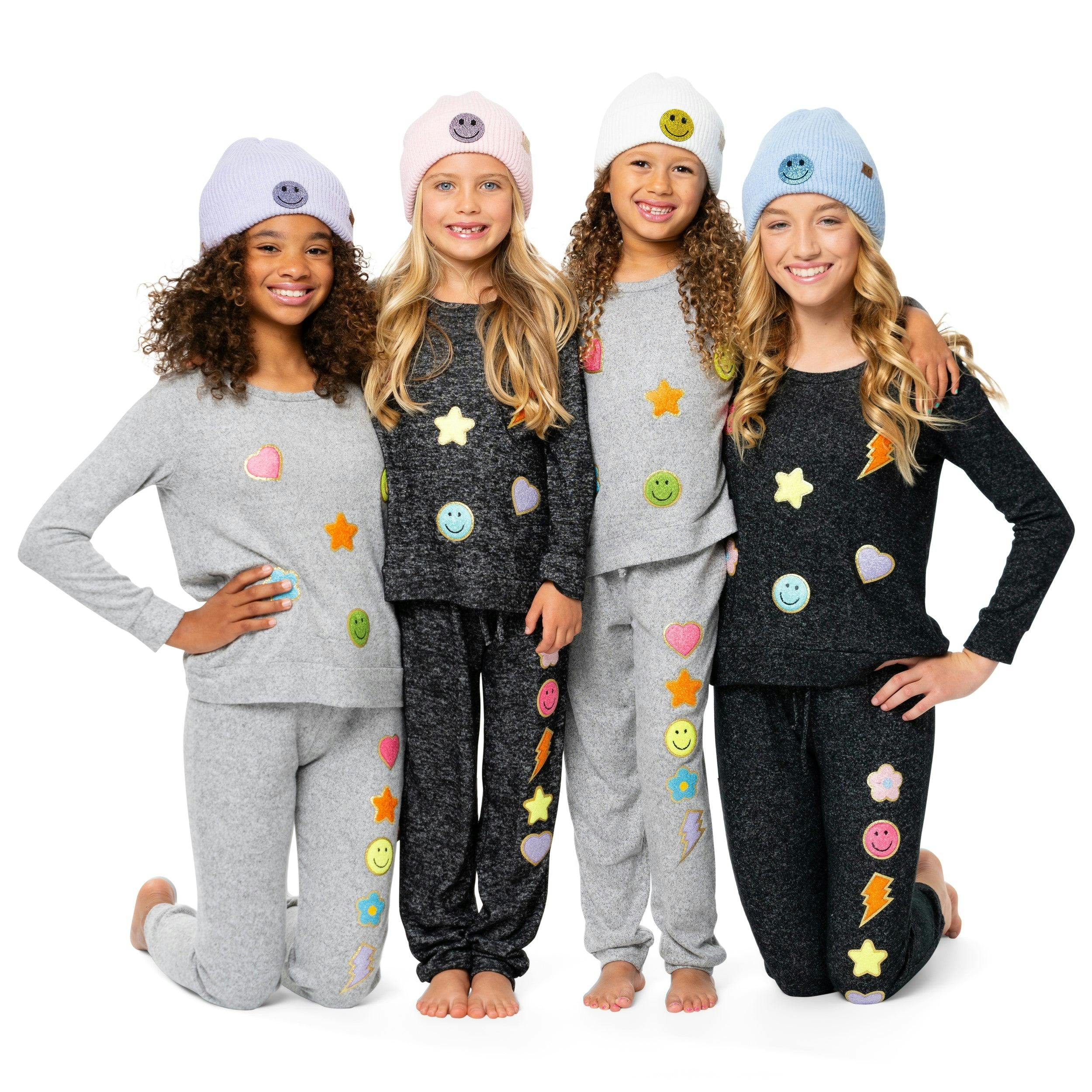 Little Girl's (4-6x) Solid Color Beanie with Rhinestone Happy Face Patch
