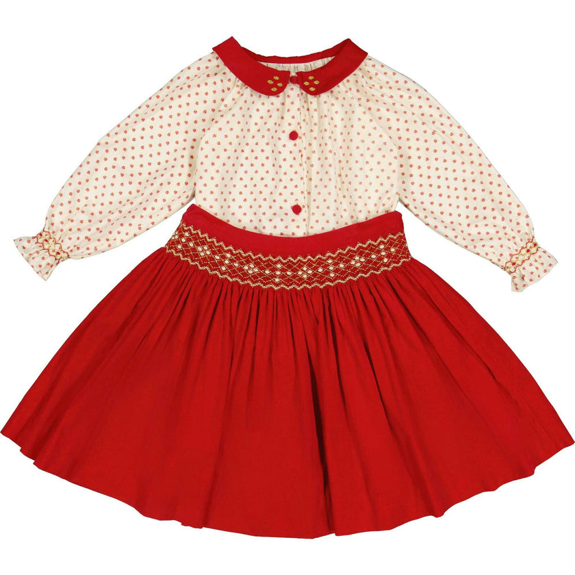 Marie Red Smocked Skirt & Blouse