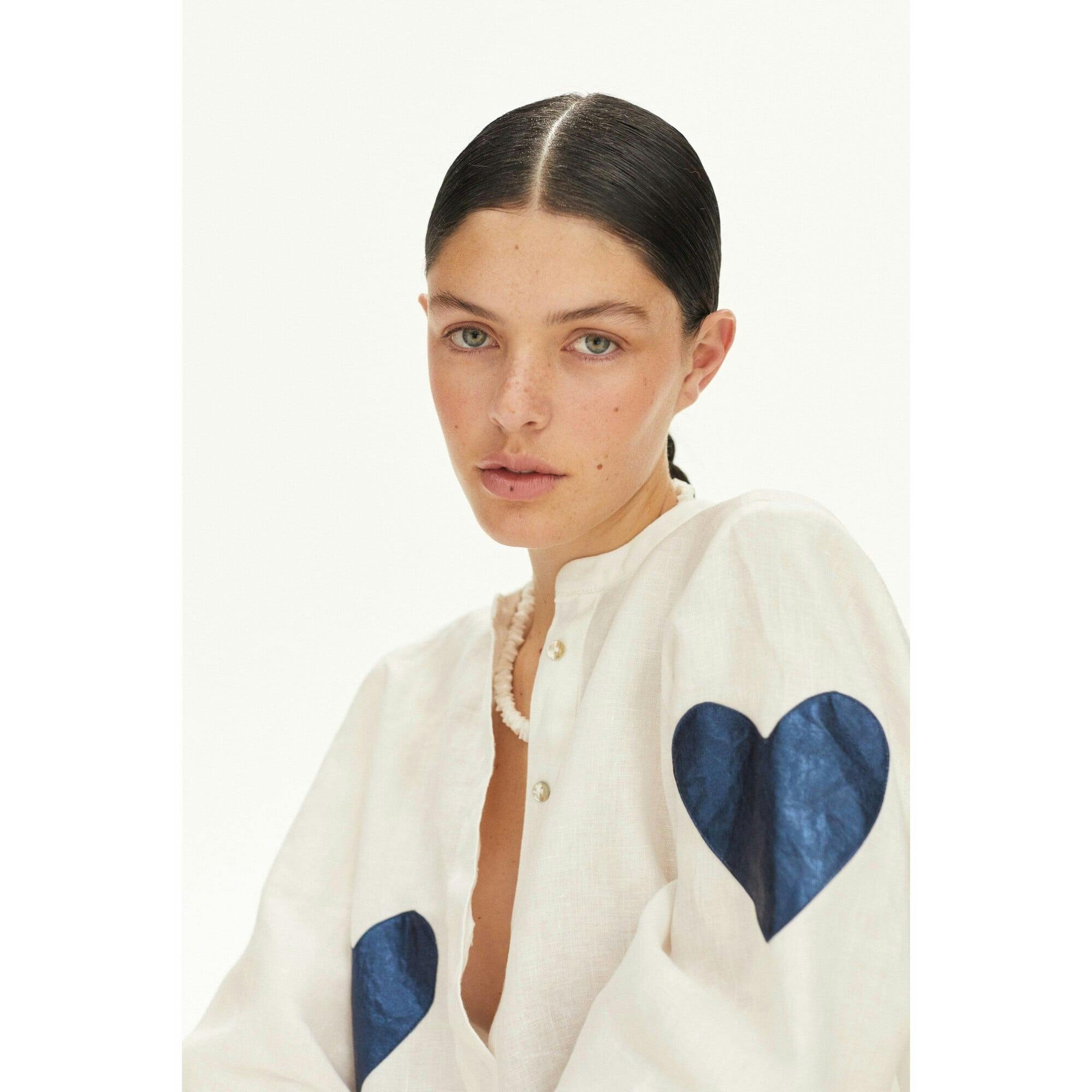 Cupid Linen Shirt - Off-white with Metallic Dark Blue Hearts